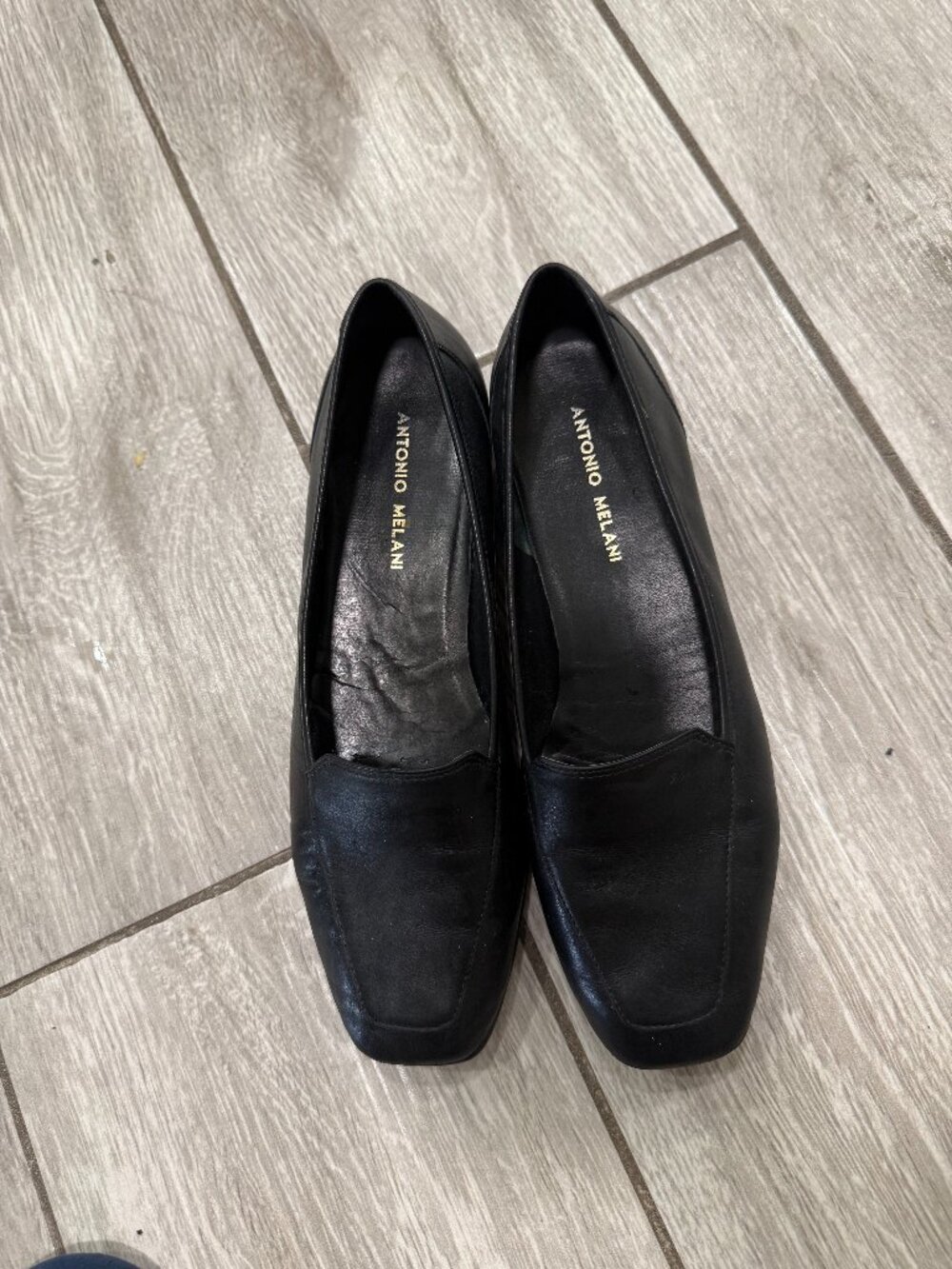 Antonio Melani Black Leather Square Toe Slip On Loafers Flats Size 8.5